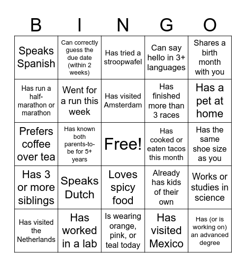 Magda & Matthijs Baby Shower Bingo Card