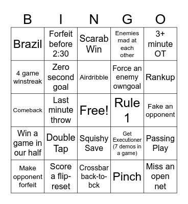 Rocket League Bingo Card