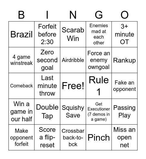 Rocket League Bingo Card