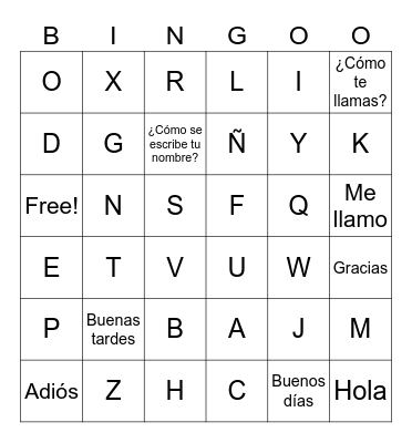 El alfabeto y saludos Bingo Card