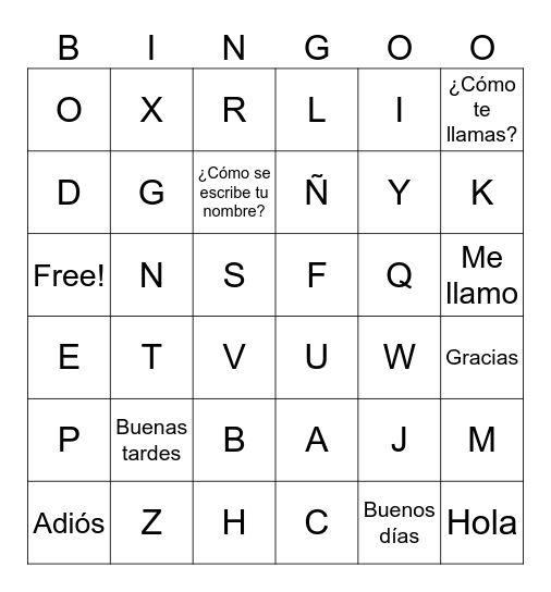 El alfabeto y saludos Bingo Card