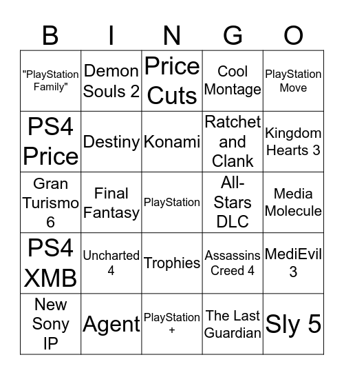Sony E3 Press Conference Bingo Card