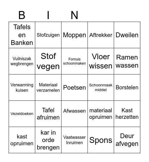 Schoonmaak Bingo Card