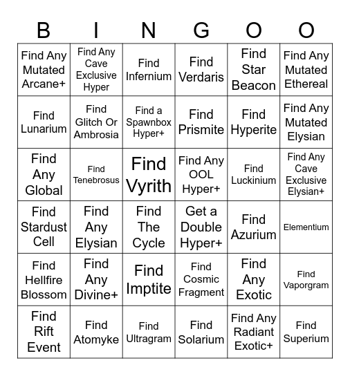 Go Miniing Bingo Card