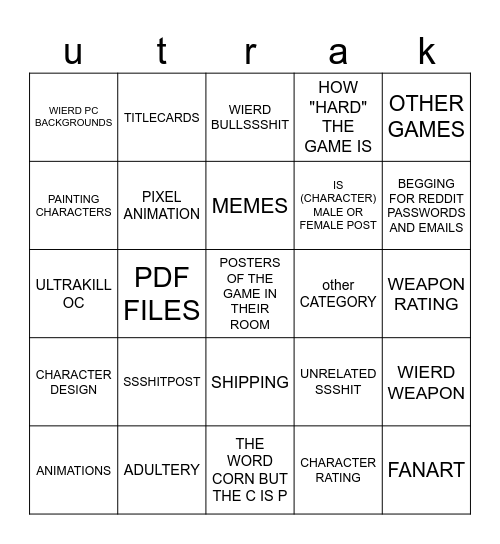 R/ultrakill reddit bingo Card