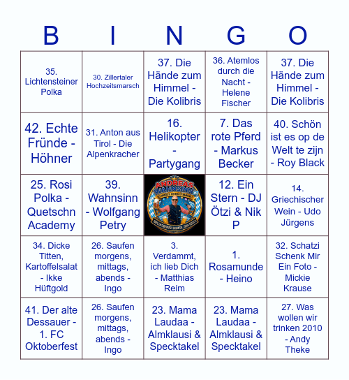 Andreas Wahnsinn !! Muziek Bingo Card