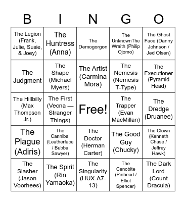 Dead BY daylight Killer Bingo Card