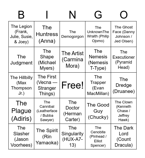 Dead BY daylight Killer Bingo Card