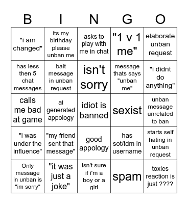 unban request stream Bingo Card