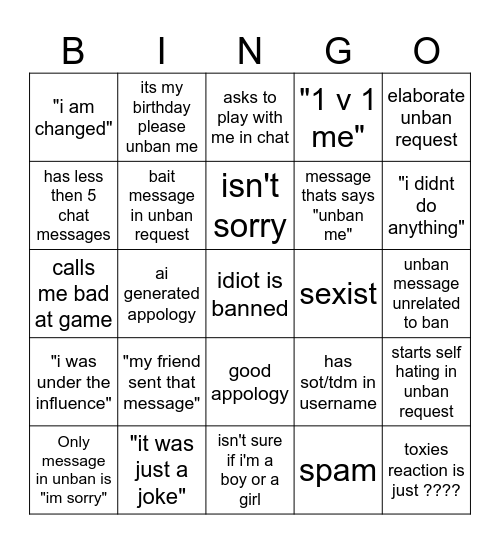 unban request stream Bingo Card