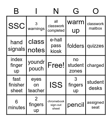 Classroom Expectations Bingo Card