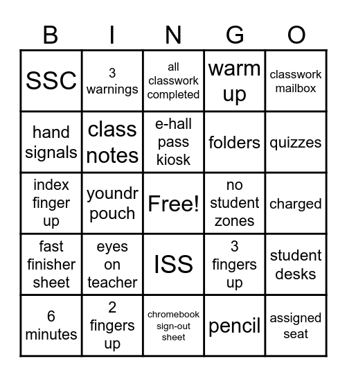 Classroom Expectations Bingo Card
