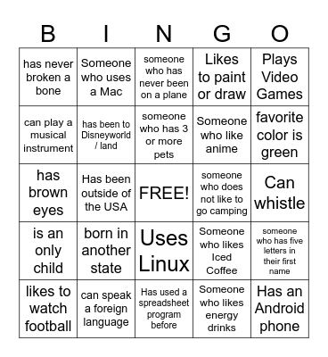 GET TO KNOW YOU Bingo Card