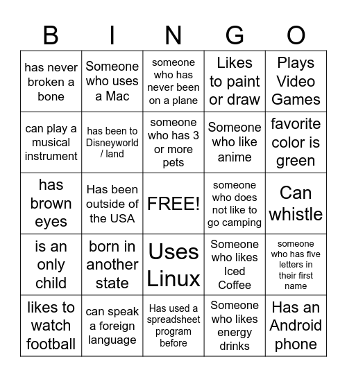 GET TO KNOW YOU Bingo Card