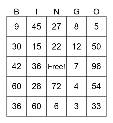 Multiplication Bingo Card