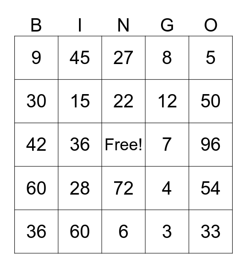 Multiplication Bingo Card