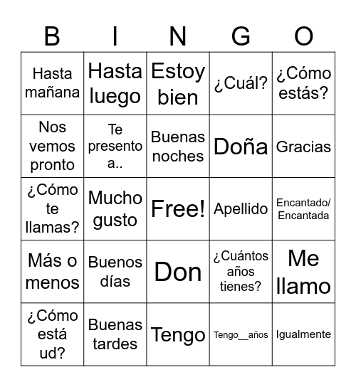 Greetings for 5th grade Bingo Card