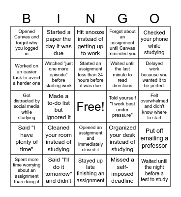 QU 105 Procrastination Bingo Card