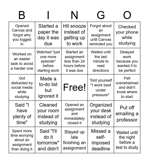 QU 105 Procrastination Bingo Card