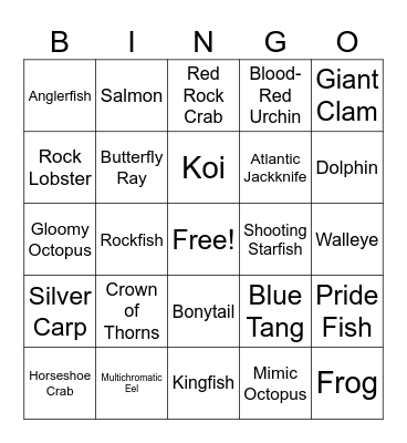 Fish Game Awesome Bingo Card