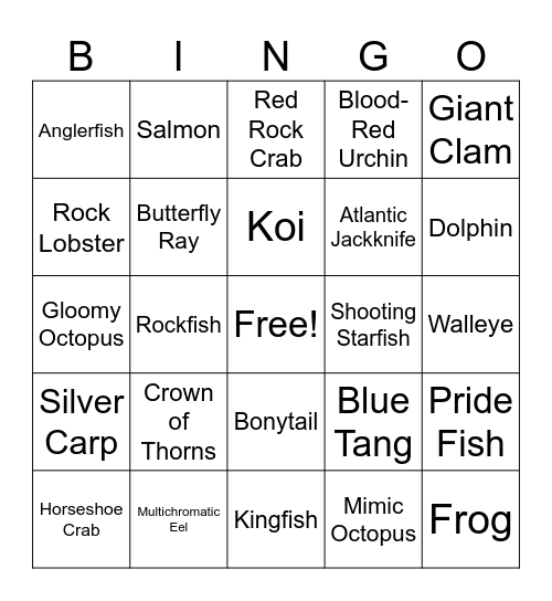 Fish Game Awesome Bingo Card