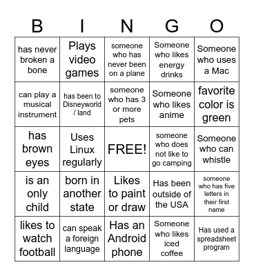 GET TO KNOW YOU Bingo Card