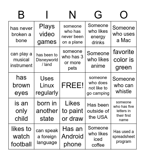 GET TO KNOW YOU Bingo Card