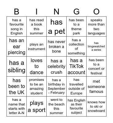 Getting to know each other Bingo Card