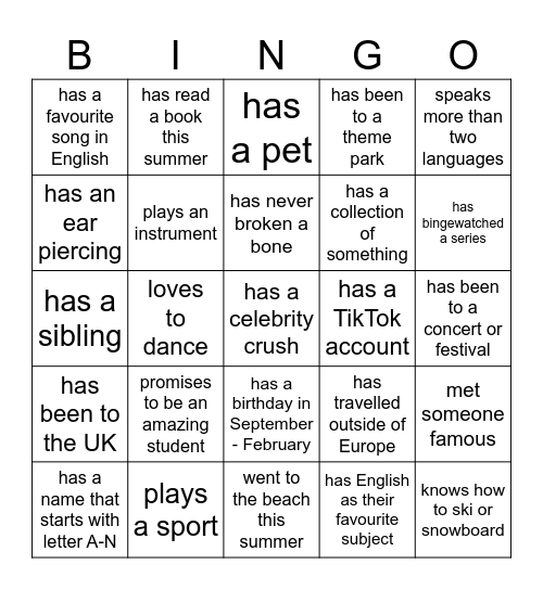Getting to know each other Bingo Card