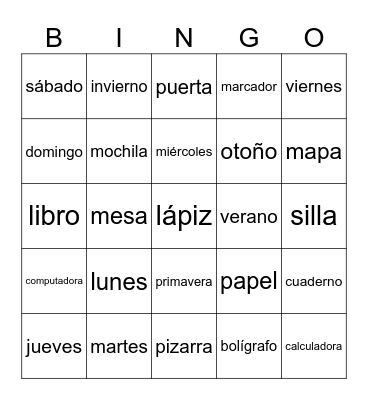 Classroom, days, seasons Bingo Card