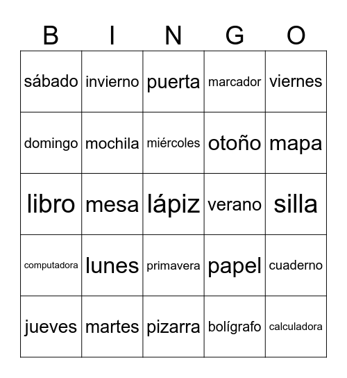Classroom, days, seasons Bingo Card