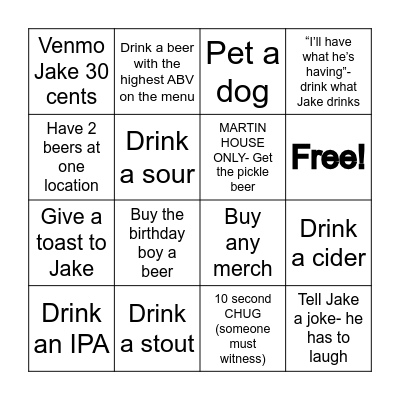 Jake's 30th Birthday Brewery Crawl Bingo Card