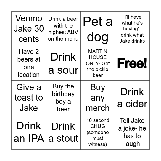 Jake's 30th Birthday Brewery Crawl Bingo Card