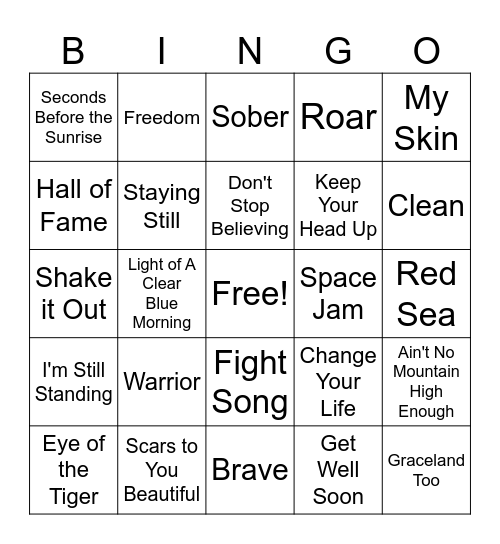 Recovery Playlist Bingo Card