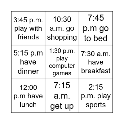 Daily Rountine Bingo Card