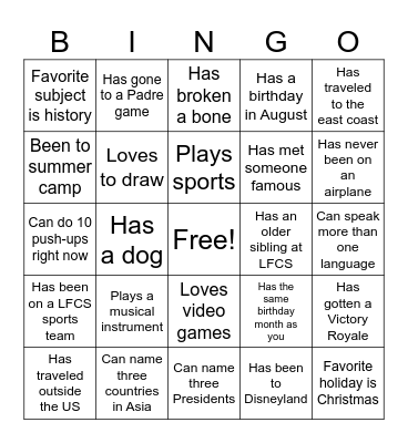 7th Grade History - Get to Know You Bingo Card