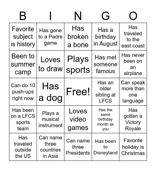 7th Grade History - Get to Know You Bingo Card