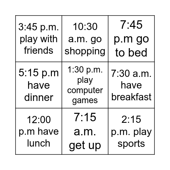 Daily Rountine Bingo Card