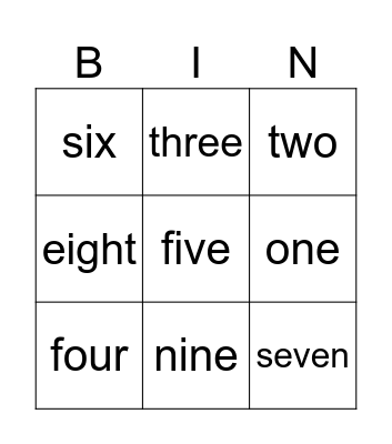 Numbers 1-9 Bingo Card