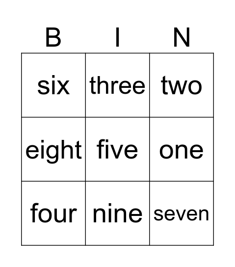 Numbers 1-9 Bingo Card