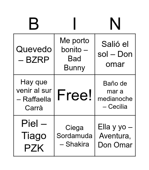 Musica Bingo Card