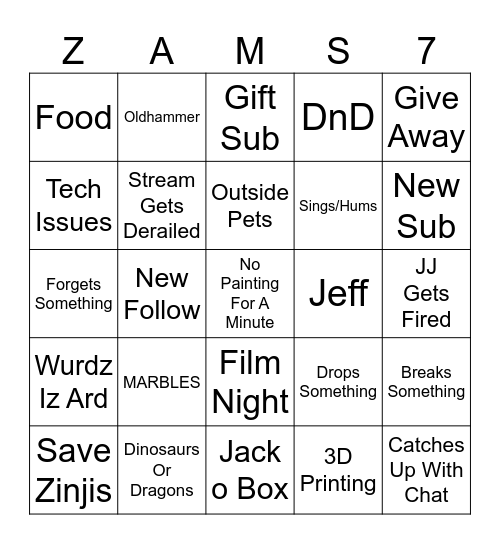 ZamAversery Bingo Card