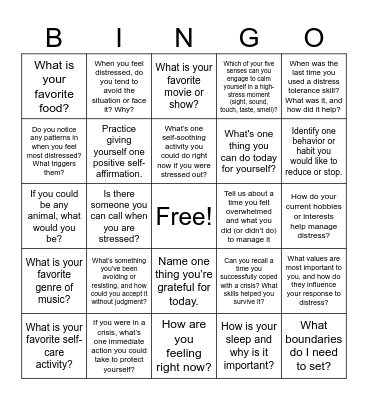 Distress Tolerance Bingo Card
