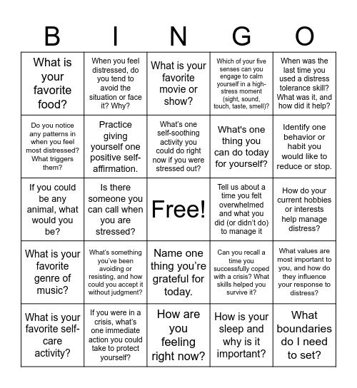 Distress Tolerance Bingo Card