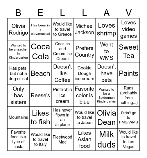 Bella Voce Bingo! Bingo Card