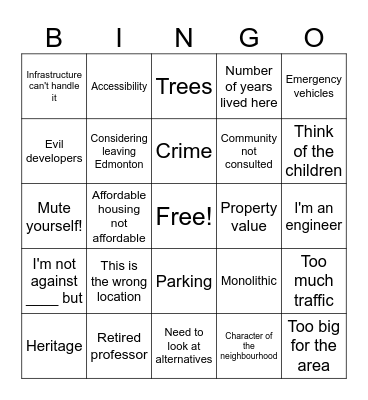 NIMBY Bingo Card