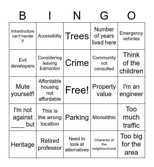 NIMBY Bingo Card