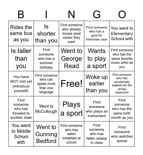 First Day Bingo Card