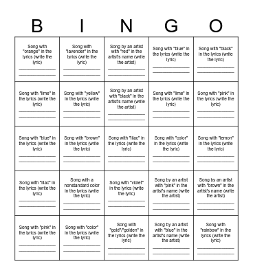 Colorful Music Bingo Card