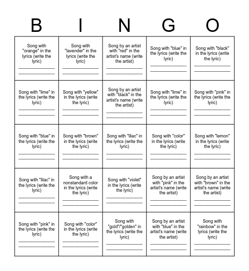 Colorful Music Bingo Card
